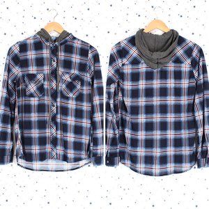 Hooded Plaid Button Up Shirt Navy Red
